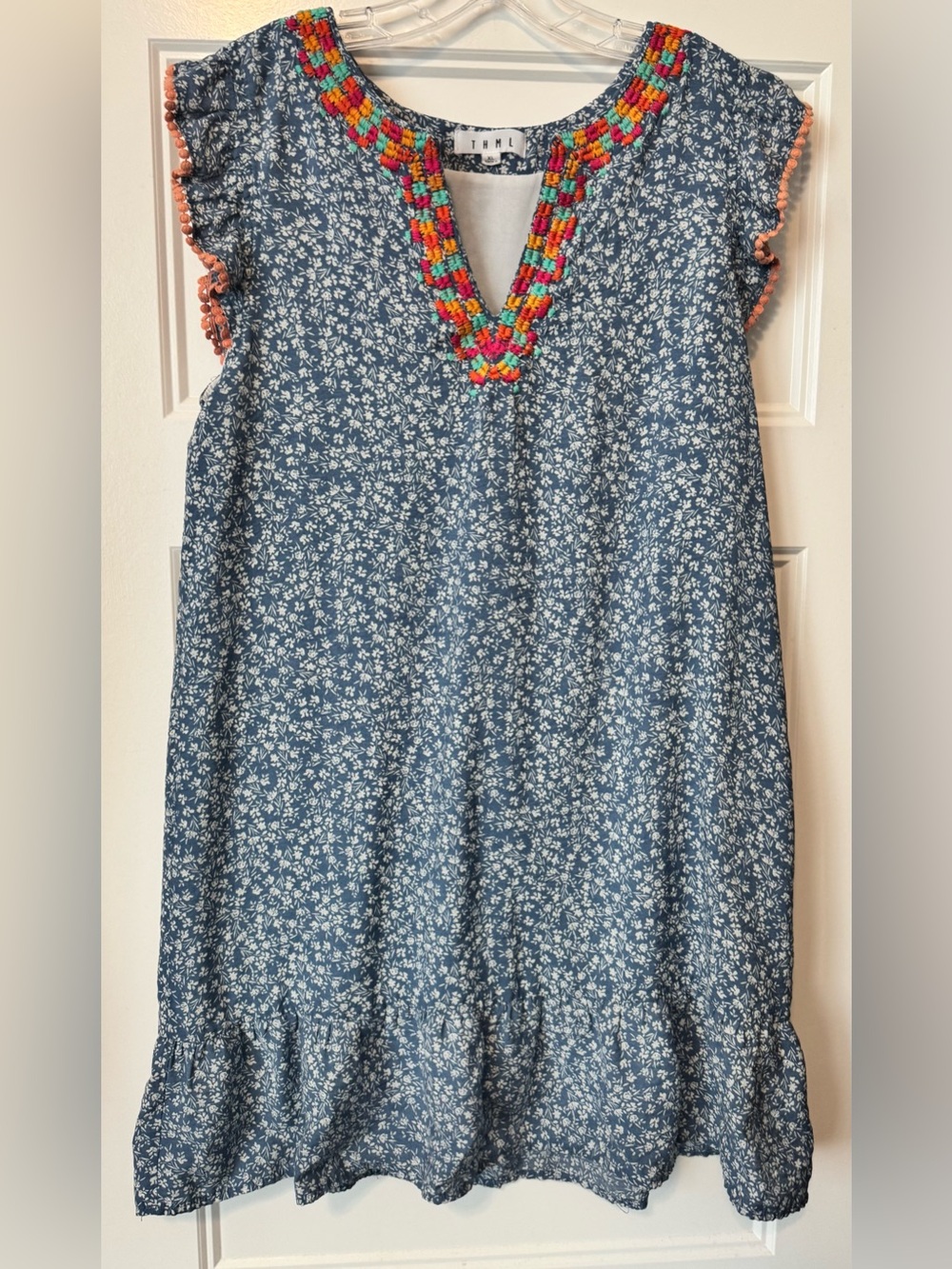 THML Blue Floral Embroidered Pom Pom Boho Dress XL